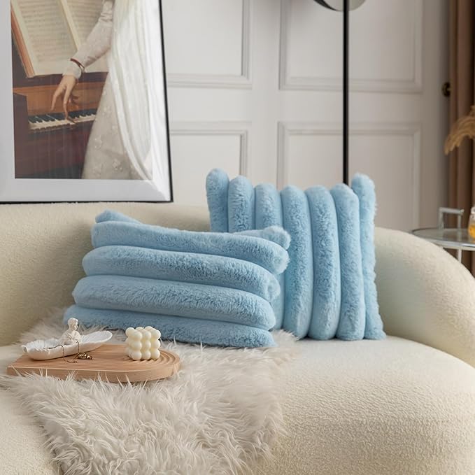 Neelvin Blue Faux Fur Cozy Soft Striped Decorative Throw Pillow Covers 12x20 inch Set of 2,Velvet Pillowcase Cushion Case for Sofa Couch