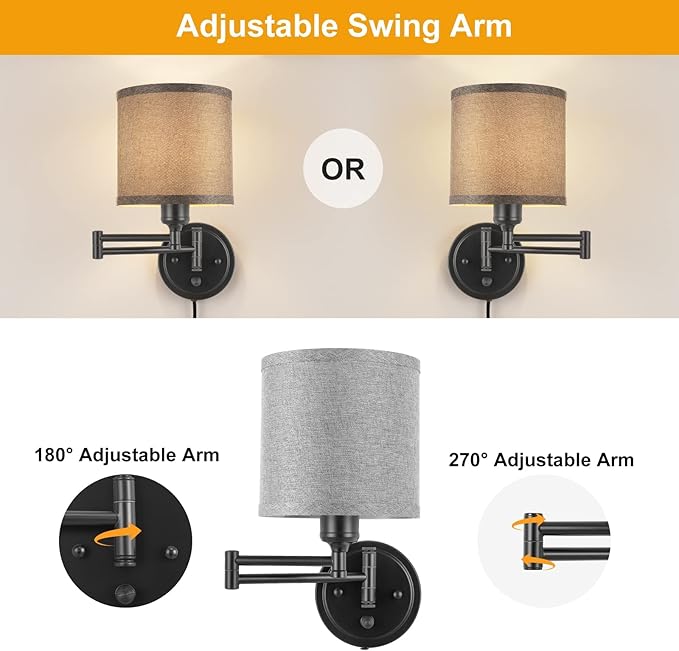 Dimmable Plug in Wall Sconces, Swing Arm Wall Lamp, Wall Sconces Set of Two, Plug in Wall Light, Sconces Wall Decor Set of 2, Grey Fabric Shade, 2pcs Bulbs Included