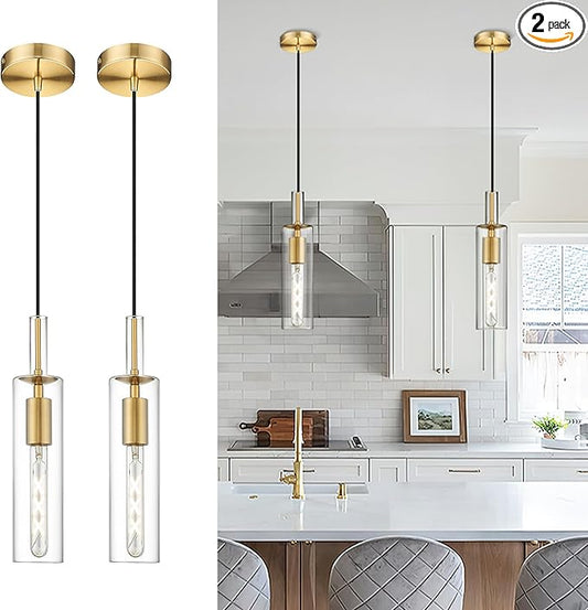 AUTELO 2 Pack Pendant Light Fixtures, Brushed Gold Pendant Lights Kitchen Island, Vintage Cylinder Glass Pendant Lights, Hanging Light for Kitchen Island, Dining Room, H3875 BGNR-2PK