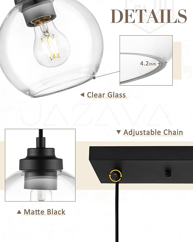 Black Island Light, 3-Light Linear Chandelier with Clear Glass, Globe Pendant Light Fixture for Dining Room Kitchen Island Living Room Pool Table, ZCPL101BK-3S