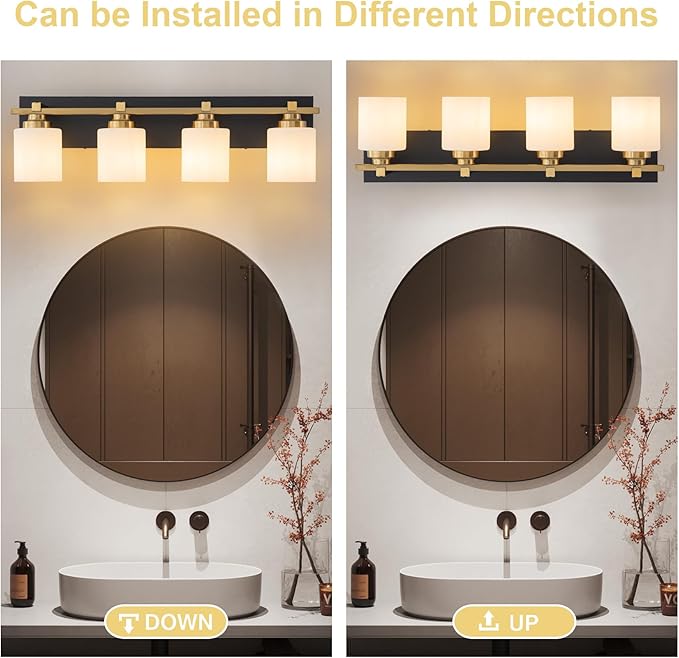 4 Light Modern Bathroom Light Fixtures Over Mirror, Black Gold Vanity Lights for Bathroom Wall Sconces with Milky White Glass Shades, E26 Socket (Bulbs Not Included)
