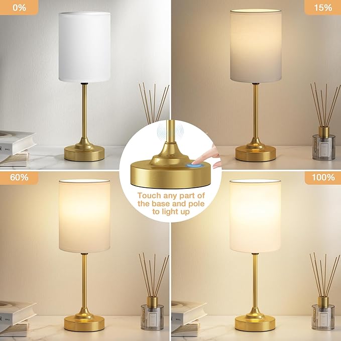 Gold Nightstand Bedroom Lamp - 3 Way Dimmable Bedside Lamp, Small Table Lamp Linen Lampshade for Office Desk, LED Bulb Included