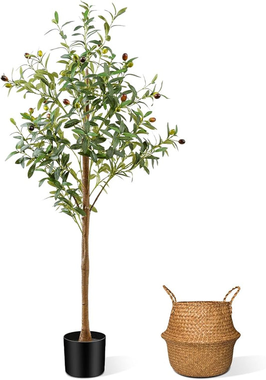 4FT Artificial Olive Tree Indoor, Tall Faux Olive Tree with Pot&Basket, Large Fake Olive Tree with Realistic 576 Silk Leaves and 32 Fruits for Living Room Home Office Decor