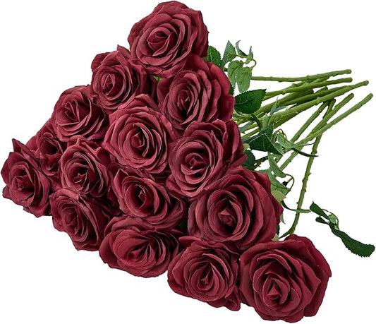 15pcs Artificial Rose Flowers Long Stem Burgundy Fake Silk Roses for DIY Wedding Bouquet Table Centerpiece Home Decor (VASE is NOT Included)