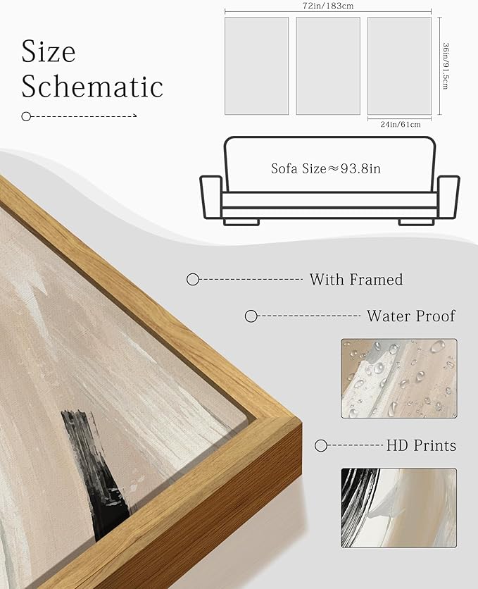 KUVIOKE Modern Abstract Framed Wall Art Black Neutral Minimalist Ink and Wash Graffiti Pastel Wall Decor for Bedroom Living Room 24x36in (Natural Framed)