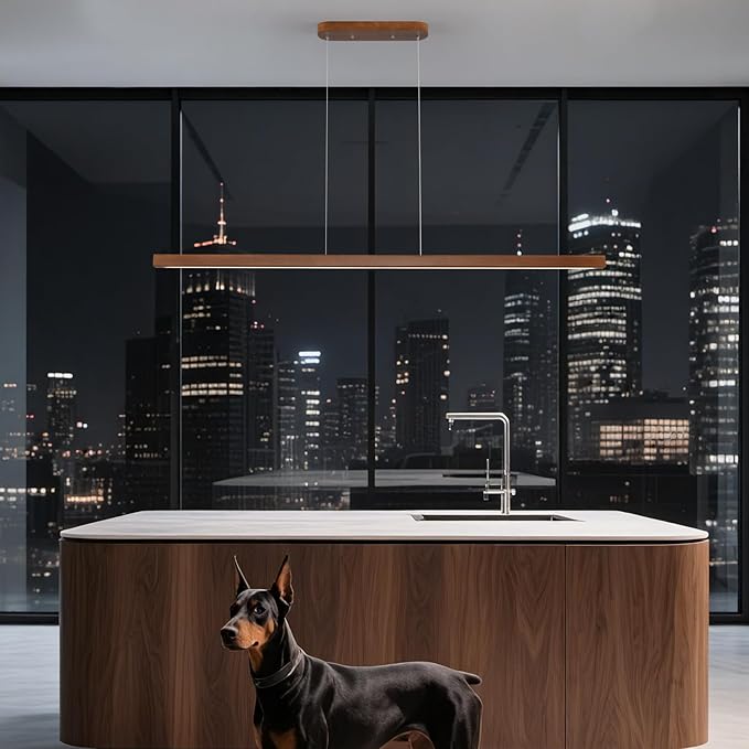 71" Walnut Wood Linear Pendant Light Dimmable LED Chandelier 40w Remote Adjustable Hanging Height Modern Farmhouse Minimalist Fixture for Kitchen Island Dining Room & Bar