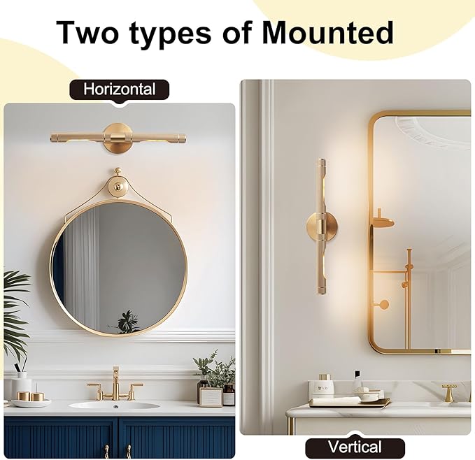 Brushed Brass Picture Lights for Wall,19 Inch Hardwired Knurled Gallery Light, Rotatable 360° Modern Gold Wall Lights for Pictures Bathroom Living Room Bedroom, E12 Bulbs Included(1 Pack)