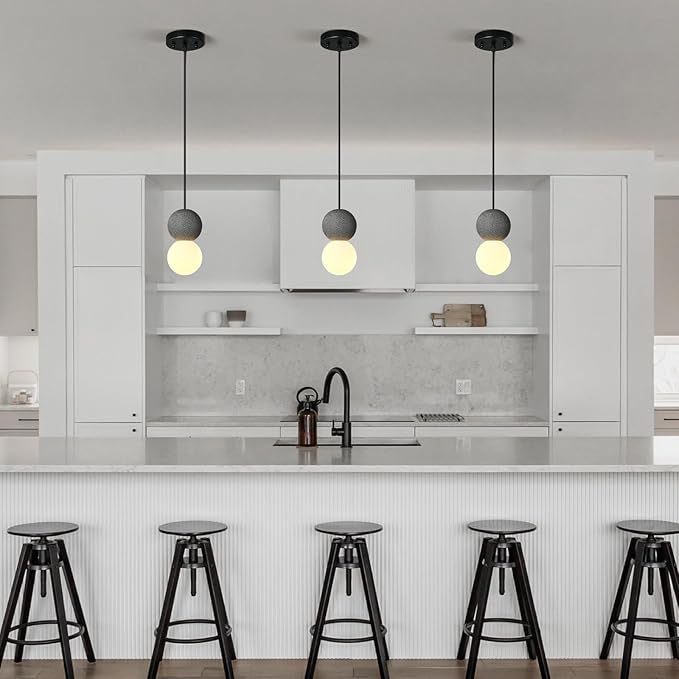 Modern Black 1-Light Concrete Pendant Light Kitchen Island Ceiling Light Fixture White Glass Globe Ball Pendant Lighting for Dining Room Coffee Club Resturant Bar Living Room(3-Pack)
