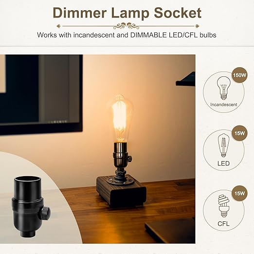 DiCUNO UL Listed Full Range Dimmer Lamp Socket Replacement, Vintage E26 Light Bulb Socket, Rotating Dimmer Switch Knob for Table, Floor Lamp, DIY Project, Black, 60 Watt, 2-Pack