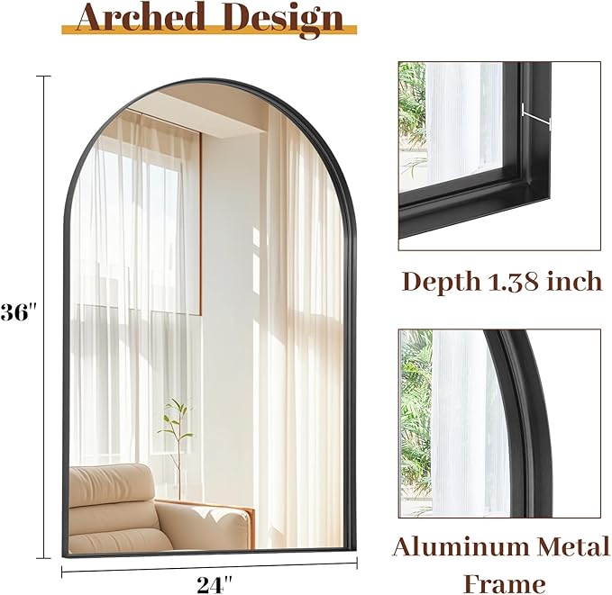 24" x 36" Luxury Arched Bathroom Mirror - Arch Wall Mirror with Shatterproof Tempered Glass and Metal Deep Frame, Hanging or Leaning for Living Room, Dresser, Entrance and Hallway, Black