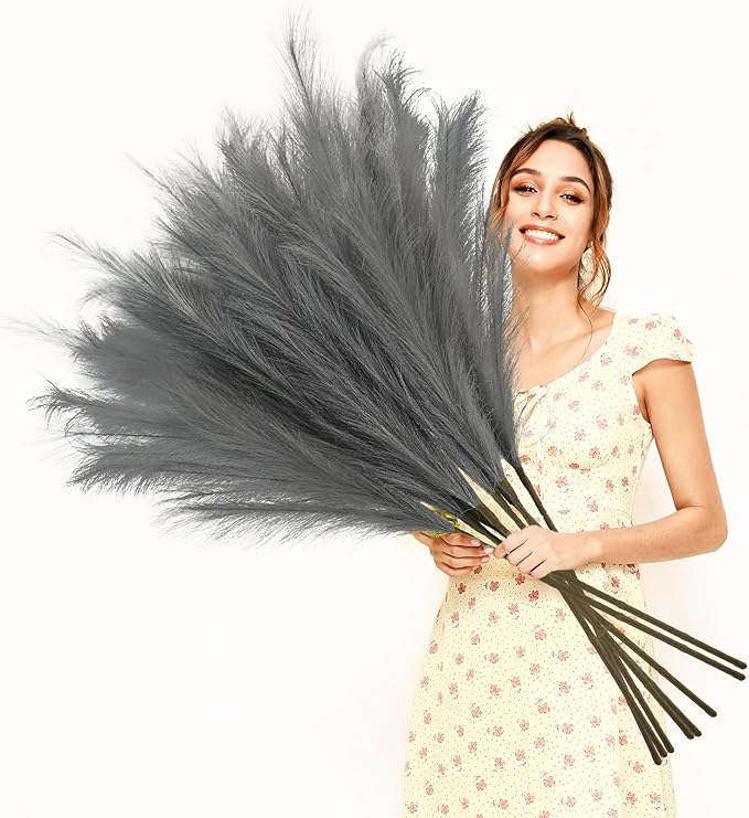 35" Faux Pampas Grass Decor Grey, 8pcs Large Tall Fluffy Artificial Pompous Grass Branches Floral Fake Pompas Grass Bulrush Floor Vase Filler Flower Arrangement for Home Wedding Boho Decor