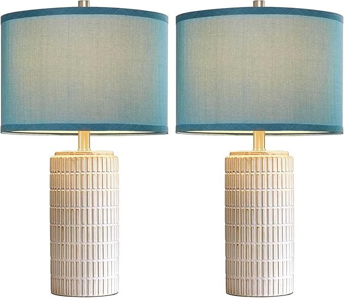 23" Modern Ceramic Nightstand Table Lamps Set of 2, Nautical Lamps for Bedroom Bedside, Side Table Lamps for Living Room, Dining Room, Office, 2 LED Bulbs Included (Blue)