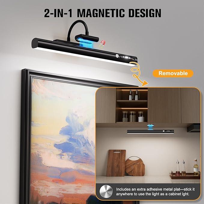 15.7'' Picture Lights for Wall with Motion Sensor, 9000mAh Rechargeable Battery Operated Poster Lights for Paintings, Portraits, Wall Decor, Black(2pcs)