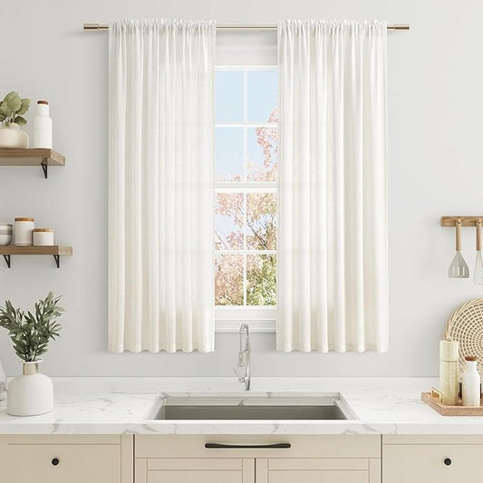 Guken Linen Cafe Curtains 54 Inch Length Rod Pocket Light Filtering Drapes Semi Sheer Short Curtain Tiers Boho Farmhouse for Small Bathroom RV Kitchen Basement, 38" Wx54 L Natural 2 Panels