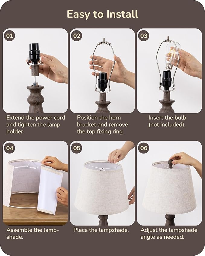 EDISHINE 21.85" Farmhouse Table Lamp, Rustic Bedside Lamp, Water Transfer Walnut Wood Grain Metal Base, Beige Linen Shade, Minimalist Nightstand Lamp for Living Room, Bedroom, Office, E26 Base