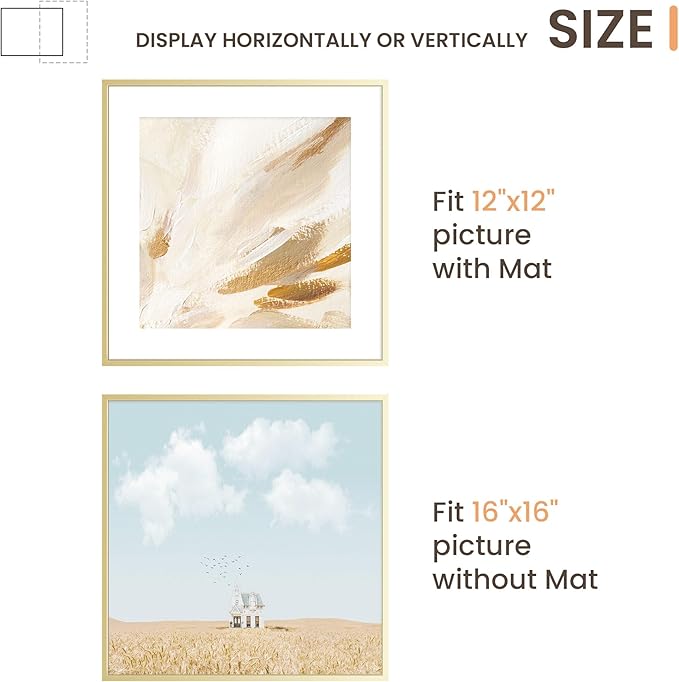 Aluminum 16x16 Picture Frame Golden, Metal Photo Frames with Mat for 12x12 Photo or Without Mat for 16x16 Photo, Metal Poster Frame Sawtooth Hanger for Easy Wall Display, set of 3