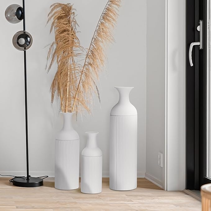 Large Metal Floor Vases Set of 3, 27'' 20'' 16'', White Tall Flower Vase for Pampas Grass, Decorative Big Vases for Hallway Corner, Floor Decor for Living Room
