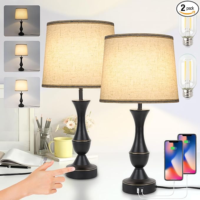 Touch Lamps for Bedrooms Set of 2, Farmhouse Table Lamp with USB C Charging Port, 3 Way Dimmable Nightstand Lamps with Linen Fabric Lampshade for Bedroom, Living Room (Pack2-Black)