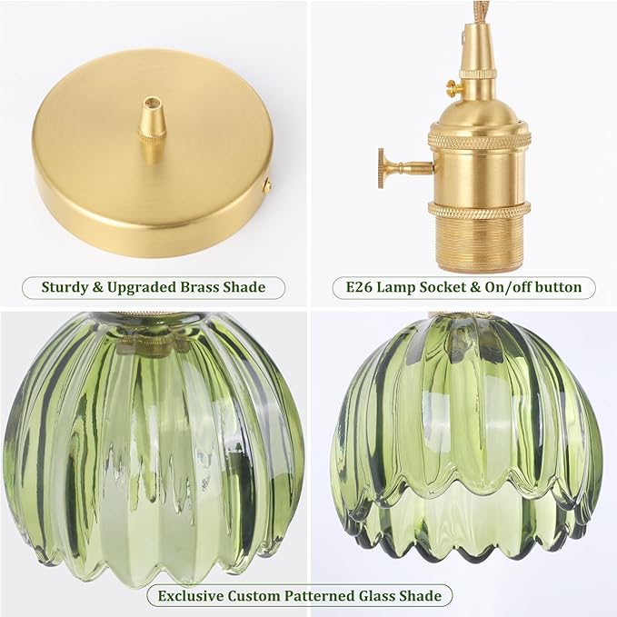 Mini Pendant Light with Green Tulip Glass Lmapshade, Brass Vintage Pendant Light Adjustable Hanging Light for Kitchen Island Dining Room Hallway