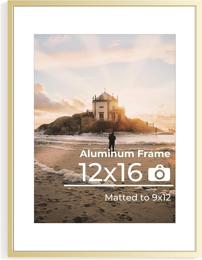 12x16 Metal Picture Frame, 12x16 Golden Frame with Removable Mat for 9x12 Photo, High End Metal Poster Frame for Wall or Tabletop Display,Set of 1