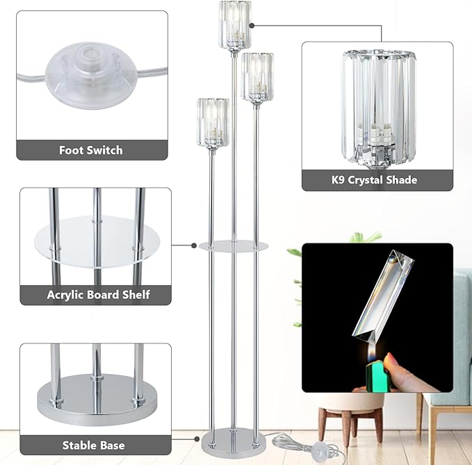 HMVPL Crystal Floor Lamps for Living Room, Modern Floor Lamp with Shelves, 3-Lights Standing Lamp with Crystal Shade, On/Off Foot Switch, Silver Corner Floor Lamp for Bedroom Living Room Office(66")