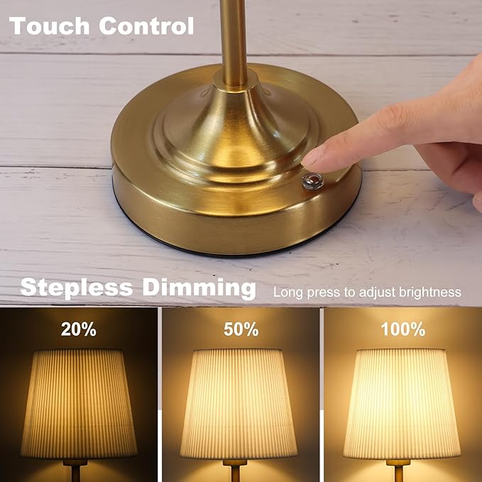 Cordless Table Lamp Rechargeable, 5200mAh High Capacity Battery Powered, Touch Dimmable Gold Lamp for Nightstand,Bedside,Kitchen,Living Room 15.8" (Fabric Lampshade)