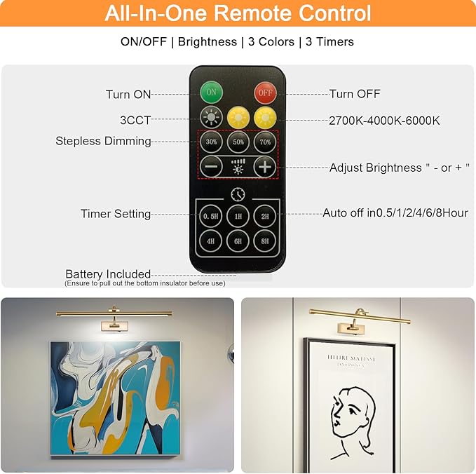 Picture Light Battery Operated with Remote, 3CCT Dimmable Picture Light for Paintings, Brass Rechargeable 24 inch Battery Operated Wall Sconce for Art Lighting Gallery Portrait Artwork