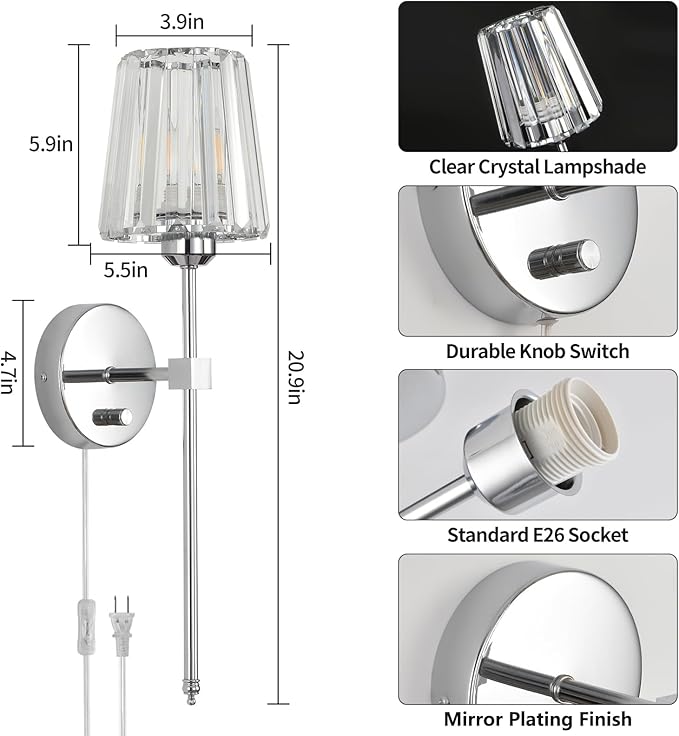 Crystal Wall Sconces Set of 2, Dimmable Wall Sconce with Plug in Cord and Dimmer Chrome Plug in Wall Lamp Wall Mounted Light with Crystal Shade for Living Room Bedroom Vanity Light, Bulbs Included
