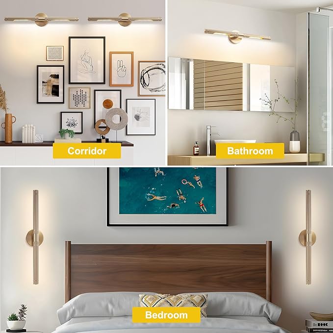 Brass Wall Lights for Pictures,23.6in Hardwired Gold Knurled Brushed Wall Picture Light,Rotatable 360° Modern Gallery Light for Bedroom Bathroom Vanity Mirror Study Room, E12 Bulbs Included