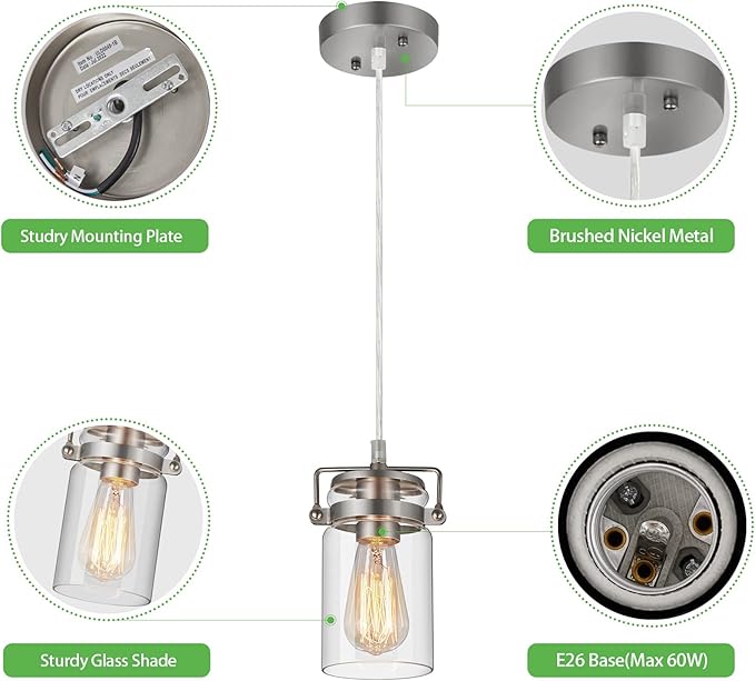 Industrial Pendant Lighting for Kithen Island, Brushed Nickel Pendant Light Fixture with Clear Glass Shade Modern Mini Ceiling Light Fixture Adjustable Kitchen Island Lighting(E26 Base)