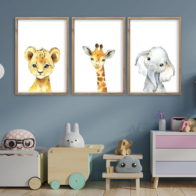 Baby Safari Nursery Wall Art Decor 11x16 Inch Set of 3 Wood Framed Cute Animal Giraffe Elephant Lion Prints Sign Kids Boys Girls Room Bedroom Jungle Animal Pictures Wall Hanging (Wood)