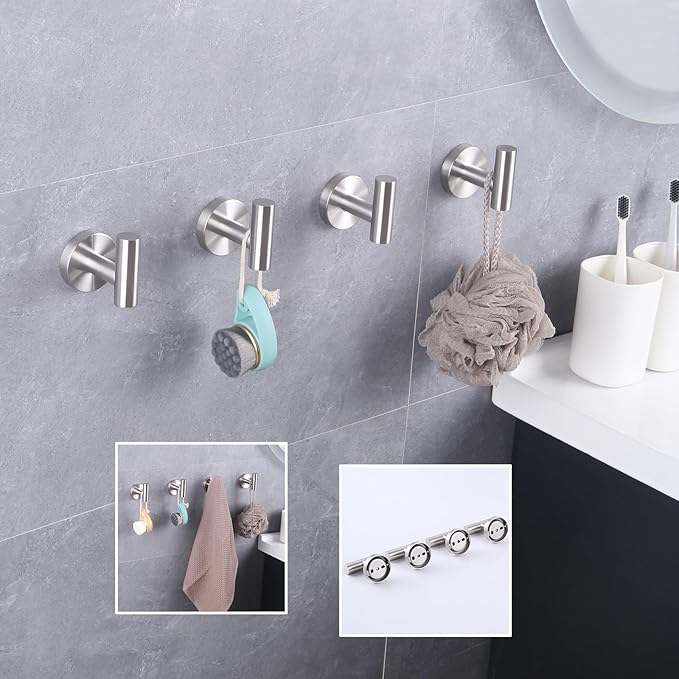 GERZWY Bath Towel Hook SUS 304 Stainless Steel Coat/Robe Clothes Hook for Bath Kitchen Modern Hotel Style Wall Mounted 4 Pack Brushed Finish AG1307B-LS