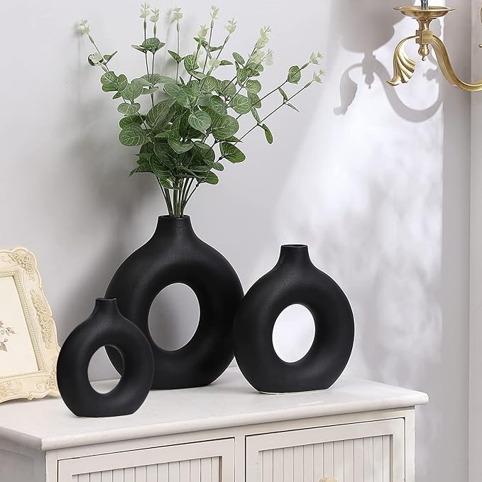 Black Ceramic Vases -for Modern Home Decor,Black Round Vase Set 3 Matte Design Minimalist Nordic Boho Style for Wedding Dinner Table Living Room Office Bedroom, Decorative Gift