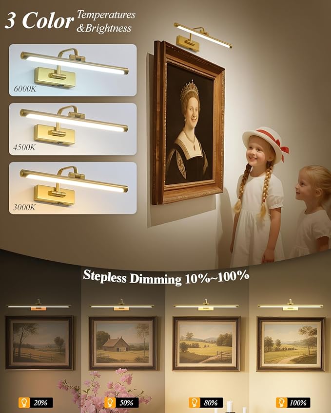 Picture Light for Wall,Gold 16 inch Rechargeable Art Battery Lights Wireless Remote and Timer,Dimmable Wall Sconce Battery LED Painting Light with 3 Color Temperatures for Gallery,Living Room,Hallway