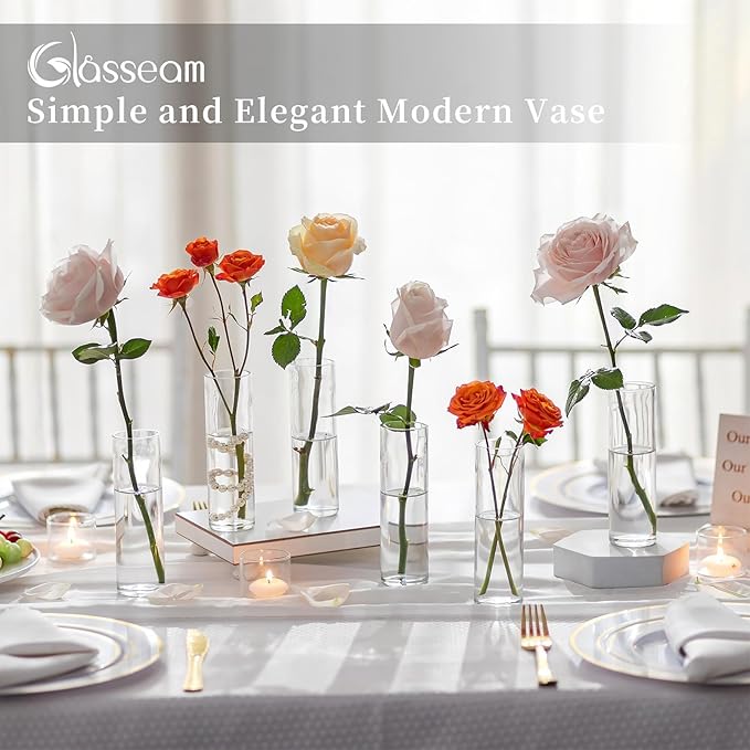 Small Cylinder Glass Vases for Centerpieces: Glasseam Clear Vase Set of 12 Modern Centerpiece Vases for Table Wedding Home Party Decor 5.9In Bud Vase for Flowers Single Stem Roses Tulips
