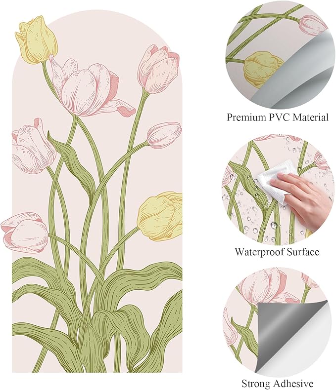 Large Floral Wall Decals Peel and Stick Tulip Floral Arch Decal 59" H x 29.5" W Tulip Flower Wall Art Pink Yellow Vinyl Stickers for Door Bedroom Bathroom Entrance Decor
