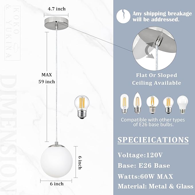 KoKo&Yukina 6 Inch Globe Pendant Light Nickel Globe Pendant Lights Kitchen Island Mid Century Light Fixture with Milky White Glass Shade for Dining Room Living Room