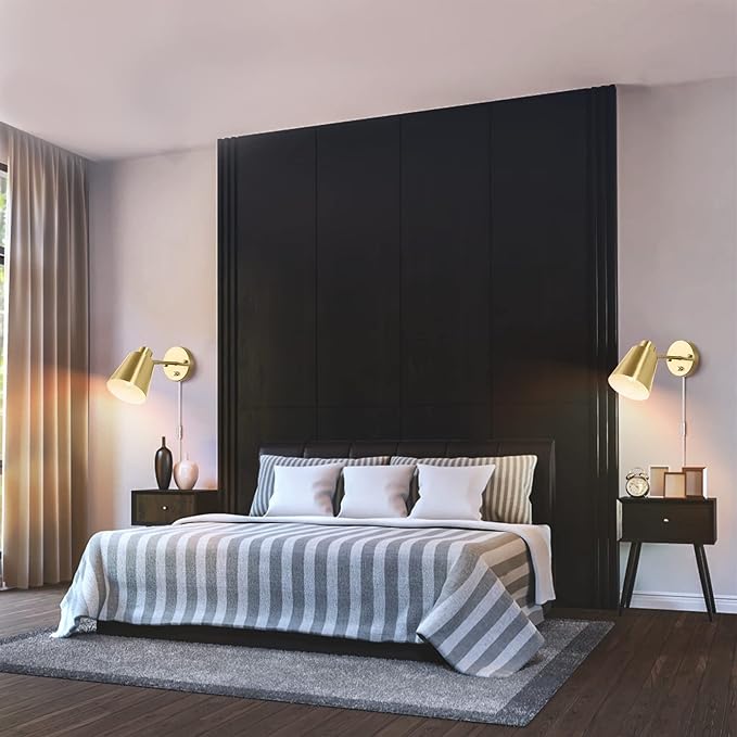 Plug in Wall Sconces, Dimmable Wall Sconces Adjustable Angle Wall Lights with Plug in Cord and Dimmer On/Off Knob Switch, Gold Wall Mounted Light for Bedroom Bedside Stairway(2 Pack, 2 Bulbs)