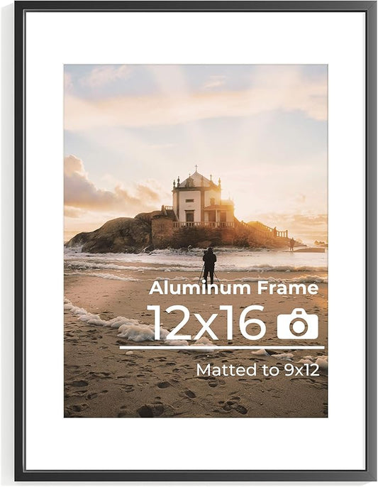 12x16 Metal Picture Frame, 12x16 Black Frame with Removable Mat for 9x12 Photo, High End Metal Poster Frame for Wall or Tabletop Display,Set of 1