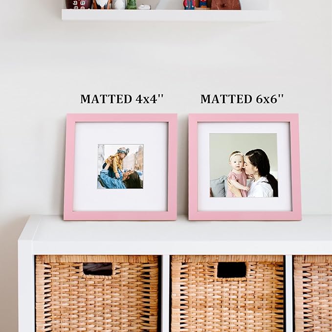 Egofine 8x8 Picture Frames with Plexiglass, Display Pictures 4x4/6x6 with Mat or 8x8 Without Mat Set of 4 for Tabletop and Wall Mounting, Pink