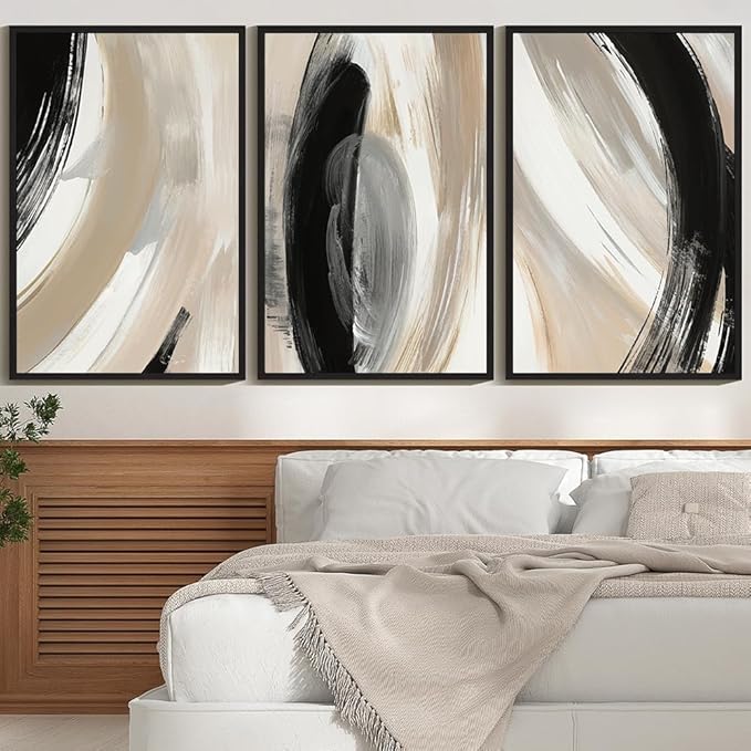 KUVIOKE Modern Abstract Framed Wall Art Black Neutral Minimalist Ink and Wash Graffiti Pastel Wall Decor for Bedroom Living Room 24x36in (Black Framed)