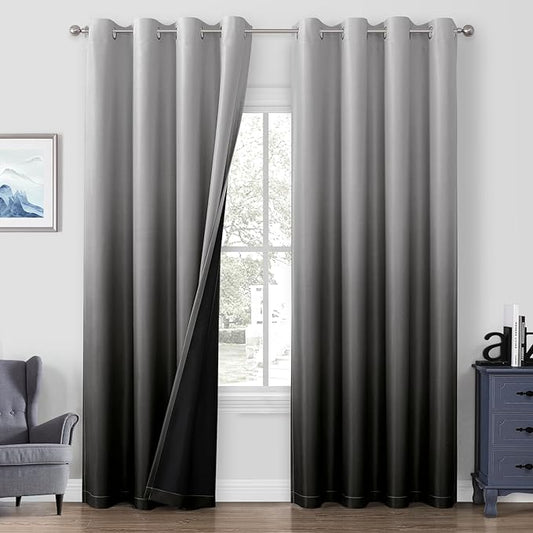 HOMEIDEAS Black 100% Ombre Blackout Curtains for Bedroom, 52 X 96 Inches Long Room Darkening Gradient Light Blocking Thermal Insulated Grommet Drapes for Living Room, 2 Panels