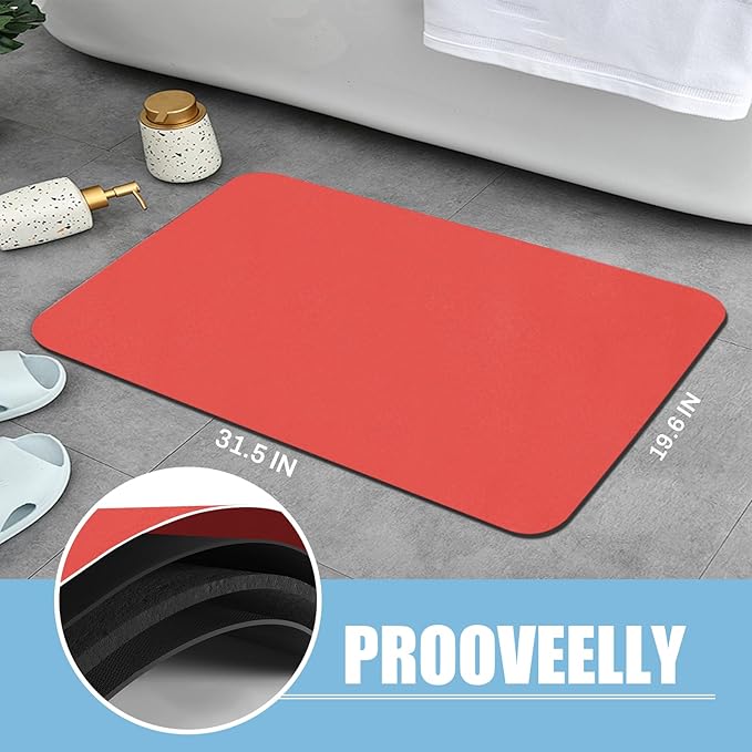 Large Bathroom Rugs Diatomaceous Earth Bath mat Super Absorbent Quick Dry Non Slip Bath Mat Thin Bathroom Floor Mats Fit Under Door-Shower Rug for in Front of Bathtub Shower, Red, 19.6"x31.5"