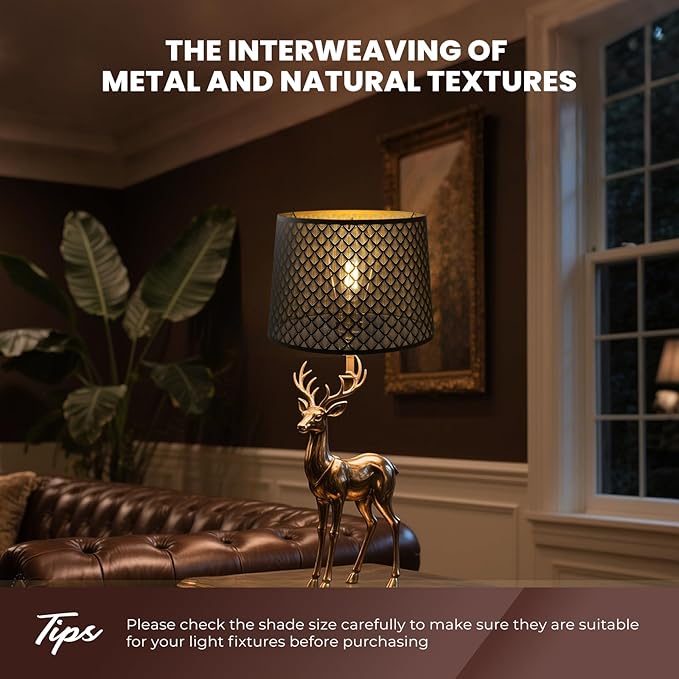 ALUCSET Drum Lampshade 14" Top x 16" Bottom x 11" High (Spider) Large Lamp Shade Replacement for Table Lamps and Floor Lamp Modern Lamp Shades, Black and Gold Lampshades with Etched Arrow Pattern