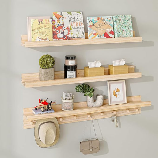 MBYD Wood Wall Shelf With Hooks - Floating Shelves for Bathroom, Nursery, Kids Room, Bedroom, Kitchen (Natural, 36 Inch)