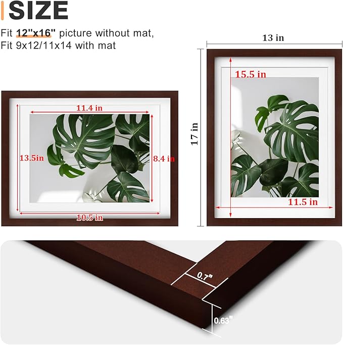 Egofine 12x16 Picture Frames with Plexiglass, Display Pictures 9x12/11x14 with Mat or 12x16 Without Mat Set of 4 for Wall Mounting,Walnut Color