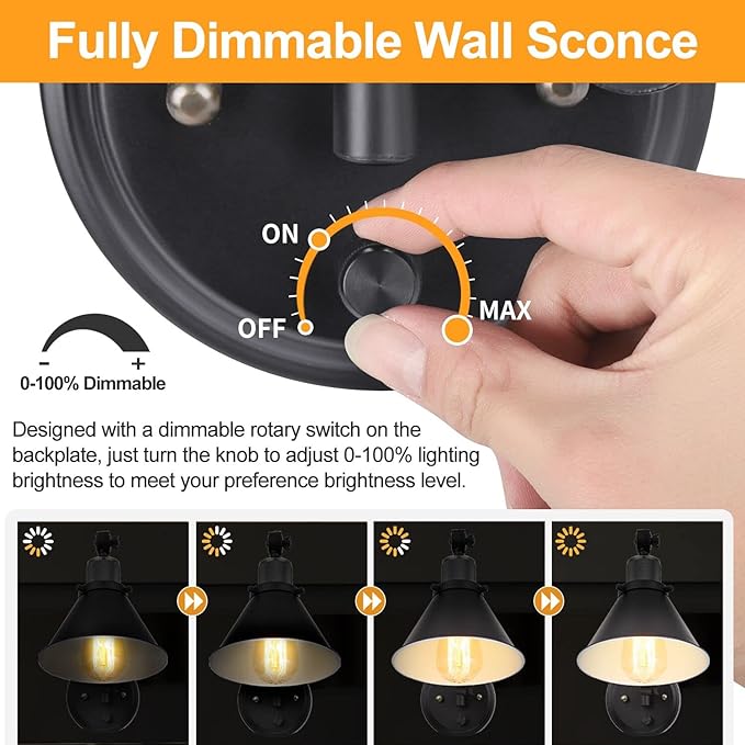 TRLIFE Wall Sconce Plug in, Dimmable Wall Sconces Swing Arm Wall Lights with Plug in Cord, Wall Mounted Light with Dimmer On/Off Knob Switch, UL Listed(2 Pack, 2 Bulbs Included)
