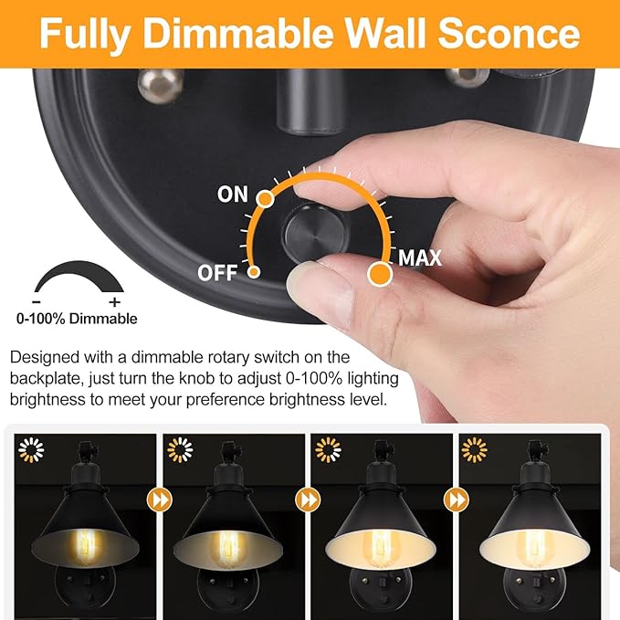 TRLIFE Wall Sconce Plug in, Dimmable Wall Sconce Wall Lights with Plug in Cord and Dimmer On/Off Knob Switch, Swing Arm Wall Light for Bedside Bedroom Stairway Living Room(1 Pack, 1 Bulb Included)