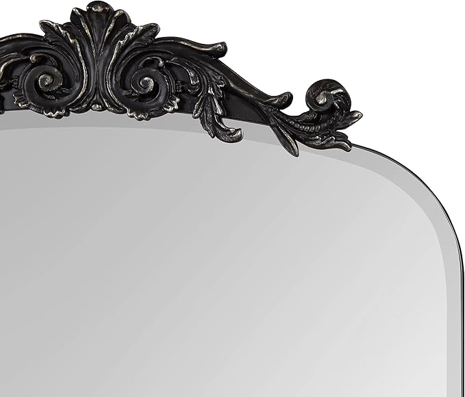 Kate and Laurel Arendahl Ornate Beveled Frameless Arched Mirror; 20 x 30; Black; Decorative Baroque Style Wall Mirror with Ornamental Crown Top