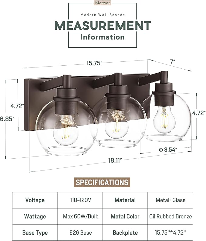 Bathroom Light Fixtures Over Mirror, 3-Light Oil Rubbed Bronze Vanity Light with Clear Glass Globe Shade, Modern Sconces Wall Lighting, Bathroom Wall Lights for Bedroom Hallway, VL195-ORB-3